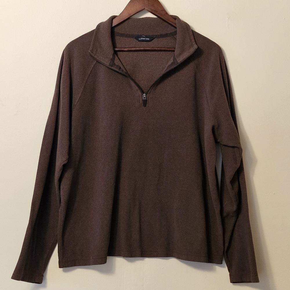 Lands' End Men's Brown Quarter Zip Fleece Pullover Sweater